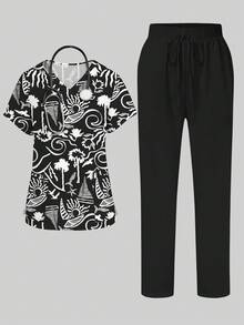 PopScrub Summer Black 2-Piece Set Rennaissance School Workwear Nurse Uniform,Coconut Tree Sailboat Wave Cartoon Print V-Neck Short Sleeve Split Pocket Suit - Multicolor - View 1