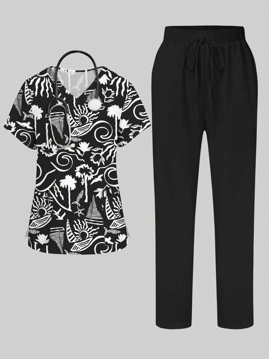 PopScrub Summer Black 2-Piece Set Rennaissance School Workwear Nurse Uniform,Coconut Tree Sailboat Wave Cartoon Print V-Neck Short Sleeve Split Pocket Suit - Multicolor - View 1
