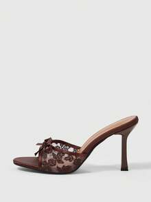Sleekvia New Fashionable Versatile Rhinestone Bow Strap Stiletto High Heel Sandals For Christmas Summer - Brown net - View 6