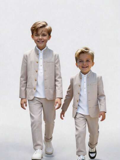 SHEIN 3件套青少年男童休闲校园风舒适翻领短袖衬衫、马甲和直筒裤套装，绅士装扮，适合春夏、郊游、情人节、约会、旅行、度假、家庭聚会、返校、婚礼、晚宴、运动、生日派对、洗礼等场合。