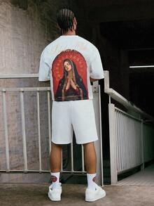PAVTROS Men's 2pcs Personalized Graphic Print T-Shirt And Shorts Set, White, Matching Co-Ord Outfit, Unique Virgin Print, Streetwear Y2K, Hip Hop, Street Style, Summer Music Festival, Casual Hangout, Gift For Boyfriend Mens Two Piece Set Graphic Print Outfit Men Summer Sets Outfit - White - View 5