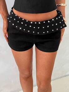 Aloruh Women's Summer Street Rivet Decor Folding Waist Denim Shorts - Black - View 10