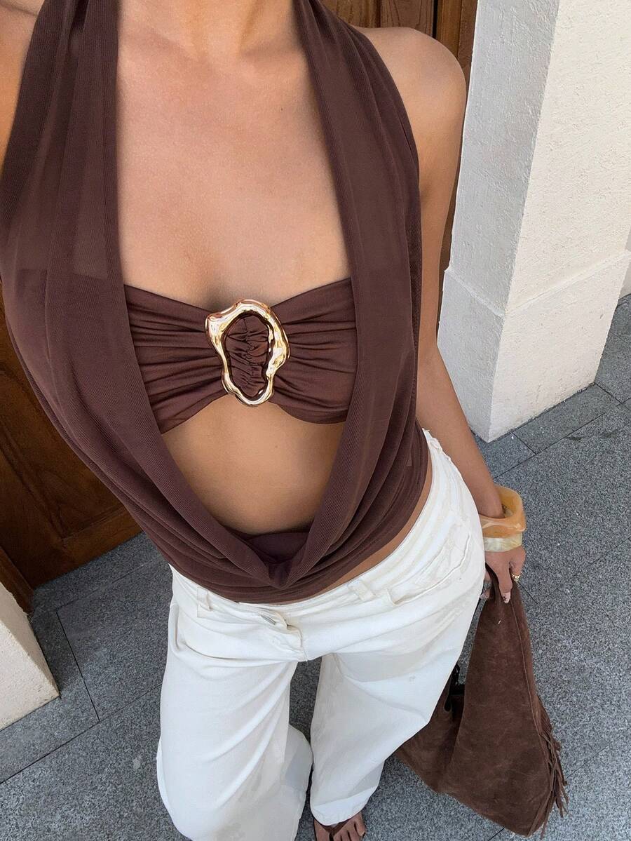 Siren Gaze Áo vest nữ kiểu dáng nghỉ dưỡng cổ yếm đính kim loại - màu nâu - Xem 1