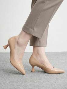 CUCCOO BIZCHIC Shiny Apricot Minimalist Fashion Mid-Heel Wine Glass Heel Pointed Toe Comfortable Versatile Office Pumps - Apricot - View 1