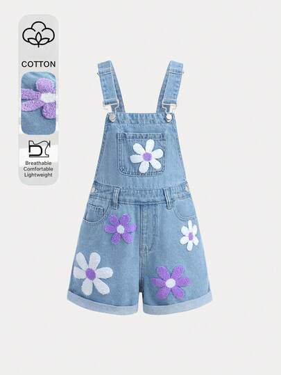 Girlism 少女风蓝色牛仔背带短裤，花卉刺绣图案