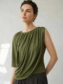 Uhlyne Uhlyne Asymmetrical Design Casual Commuting Single Sleeve Women T-Shirt,Autumn,Minimalist,Business Casual,Holiday,Work Wear,Teacher,Back To School,Fall,Old Money Style - Olive Green - View 1