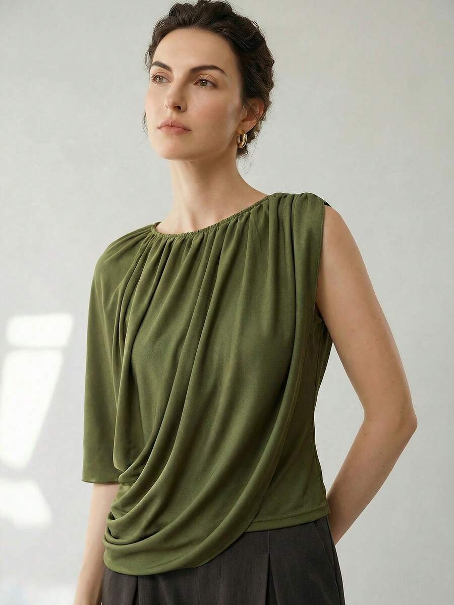 Uhlyne Uhlyne Asymmetrical Design Casual Commuting Single Sleeve Women T-Shirt,Autumn,Minimalist,Business Casual,Holiday,Work Wear,Teacher,Back To School,Fall,Old Money Style - Olive Green - View 1