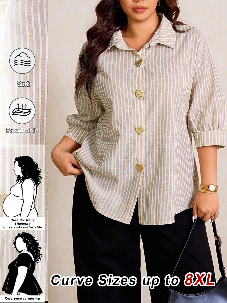 SHEIN CURVE+ 大码女式金属爱心单排扣七分袖条纹休闲衬衫 - 杏色 - 查看 1