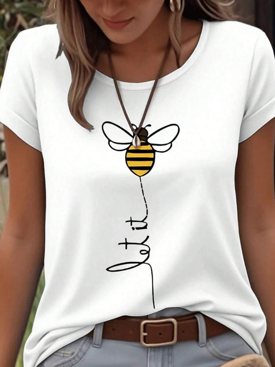 EMERY ROSE Áo thun ngắn tay cổ tròn họa tiết ong và chữ tối giản - trắng - Xem 1