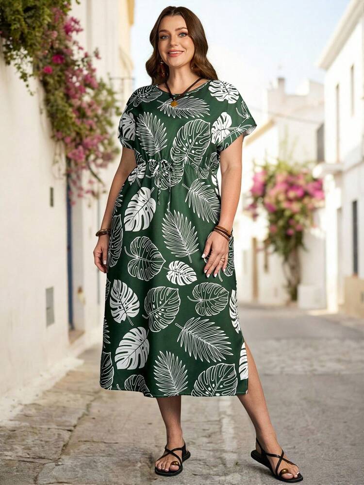 Plus Size Women Round Neck Leaf Print Ruched Casual Party Dress Summer Outfits Beach Vacation Outfits For Women Floral Dress Yellow Dress BOHO Clothes Women's Summer Dresses Women Vacation Dress Women Casual Dresses Women Holiday Dress Summer Outfits For Women Beach Outfit For Women Casual Vacation Outfits Women Country Concert Outfit Peplum