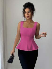 Elenzga Women's Elegant Square Neck Sleeveless Blouse, Suitable For Office, Commute, Afternoon Tea, Party, Vacation And Casual Occasions - Hot Pink - View 4