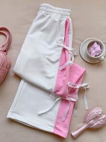 SHEIN EZwear 女式松紧腰撞色直腿休闲白色运动裤配蝴蝶结 - 白色 - 查看 5