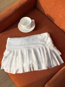 SHEIN EZwear Falda de corte asimétrico con cintura fruncida - Blanco - Ver 2