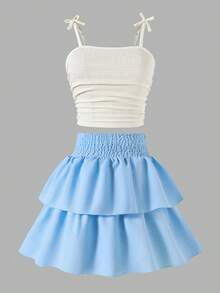 Sparklyn 两件套青少年春夏度假新款蓝色褶皱吊带背心和蓝色印花迷你裙套装 - 彩色 - 查看 1