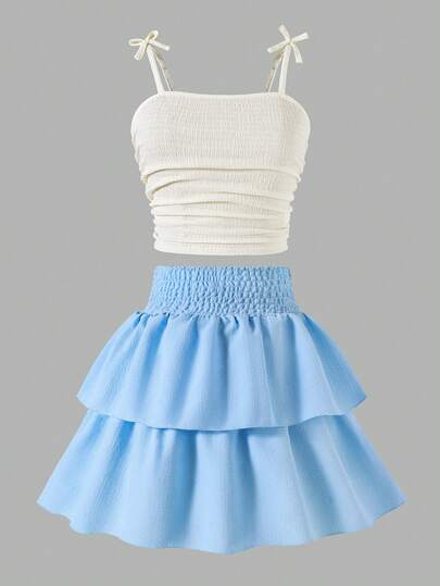 Sparklyn 两件套青少年春夏度假新款蓝色褶皱吊带背心和蓝色印花迷你裙套装