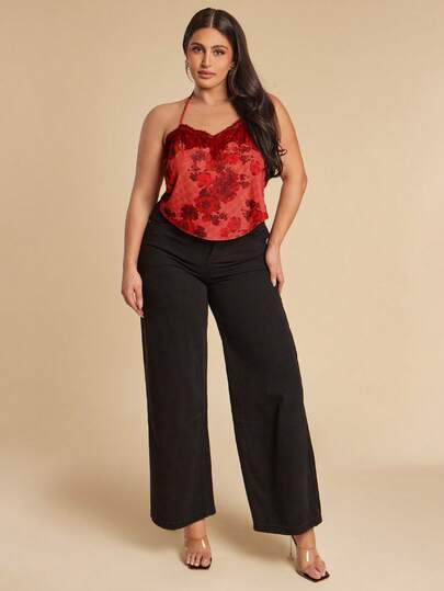 SHEIN BAE 大码女式印花蕾丝拼接性感百搭露背上衣