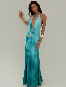 Aloruh 女士扎染印花金属装饰褶皱吊带露背连衣裙 - 白色 - 查看 7