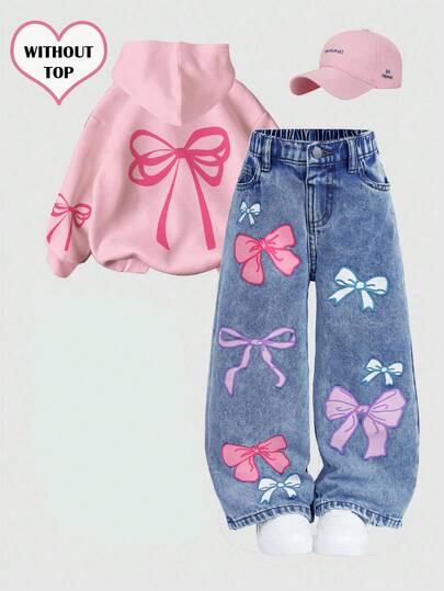 SHEIN Quần jean xanh dáng rộng, nhiều màu sắc, trang trí nơ, dành cho bé gái.