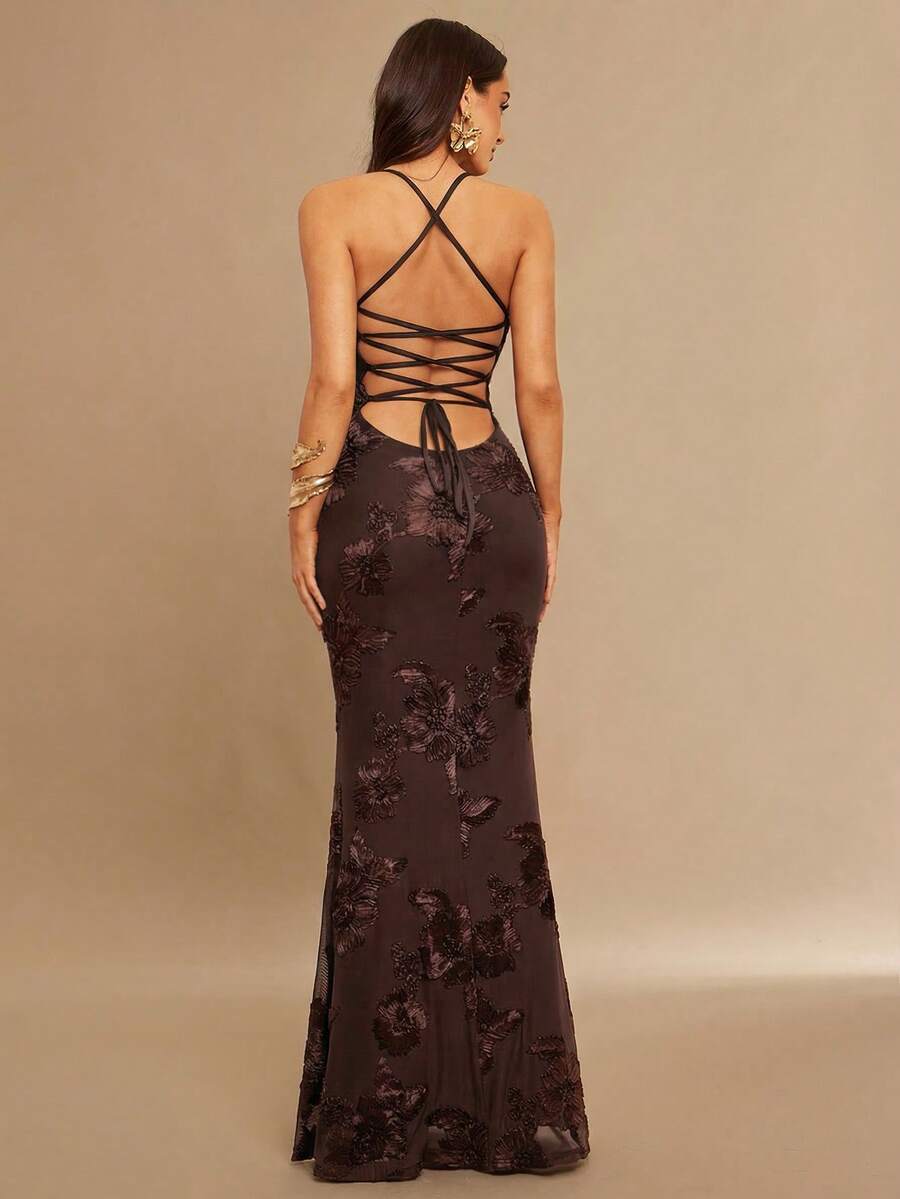 Silquee Váy dệt kim Jacquard thanh lịch - Cà phê nâu - Xem 1