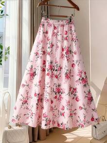 GlowEve CURVE 大码女式复古法式粉红玫瑰印花高腰褶皱A字长裙 - 彩色 - 查看 2