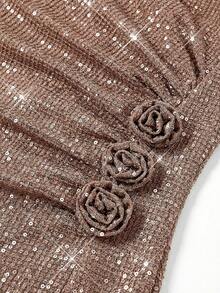Ellevyn Women's Notched Neck Sleeveless Fitted Ruched 3D Floral Decor Sequin Dress,Pink And Brown,Summer,Seductive,Party Sparkly Slim-Fit Mini Wedding Guest - Coffee Brown - View 3