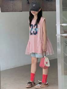 少女字母数字印花网眼拼接圆领T恤 - 淺粉色 - 查看 6