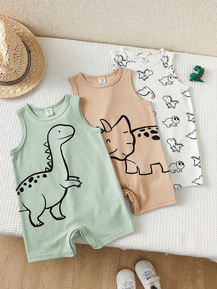 Bộ 3 món áo liền quần không tay họa tiết hoạt hình sọc dễ thương cho bé trai sơ sinh mùa hè - Nhiều màu - Xem 1
