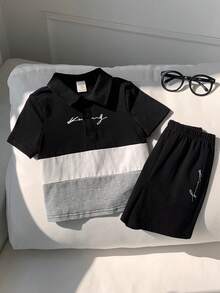 SHEIN 男婴字母图案撞色Polo衫和短裤休闲简约套装，适合夏季穿着 - 彩色 - 查看 4