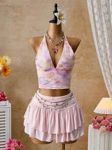 SHEIN Glamour Pink Floral Summer Boho Vacation Holiday Women's Glitter Halter V-Neck Backless Sleeveless Asymmetrical Mini Skirt 2 Pieces Set,Music Festival - Pink - View 8