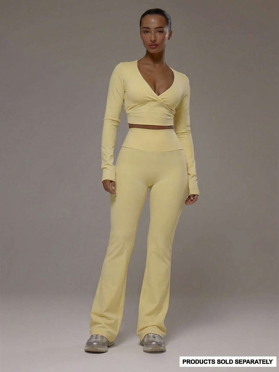 Musera Sport Curved Back Waistband Mid Rise Flared Active Leggings Only Sport Workout Gym Pilates Fitness Daily Casual - Butter Yellow - View 1