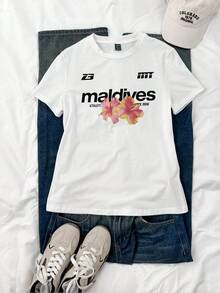 SHEIN Attitoon Áo thun nữ tay ngắn cổ tròn dáng ôm, in chữ và họa tiết hoa nhiệt đới, phong cách thường ngày, thích hợp cho mùa hè. - trắng - Xem 7