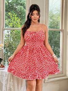 Celure 大码女式碎花休闲无袖连衣裙，适合新年度假海滩穿着 - 紅色 - 查看 4