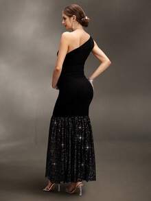 Cheriluna Maternity Maternity Photoshoot Dress, One-Shoulder Fitted Design With Pleated Hem, Metallic Foil Chiffon Fabric, Long Dress - Black - View 2