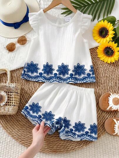 SHEIN 2件套婴幼儿男女通用0-3岁休闲刺绣印花衬衫，乡村风格春夏女婴套装