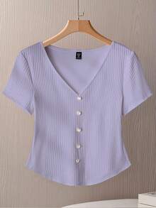 GlowEve CURVE Plus Size Ribbed Knit Elegant Intellectual Casual Comfortable Soft Fitted Short V-Neck T-Shirt - Dusty Purple - View 1