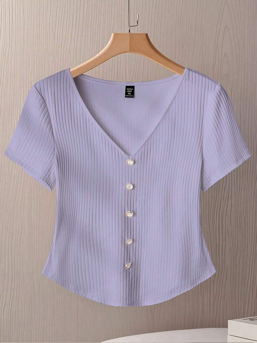 GlowEve CURVE Plus Size Ribbed Knit Elegant Intellectual Casual Comfortable Soft Fitted Short V-Neck T-Shirt - Dusty Purple - View 1
