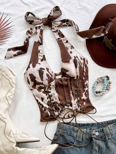 Soleia New Sexy V-Neck Tie-Up Suede Deconstructed Women's Vest, Suitable For Holiday, Date, Afternoon Tea, Vacation, Music Festival, Bohemian, Cruise, Beach, Christmas, New Year, Nightclub