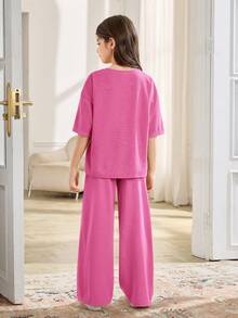 SHEIN 2pcs Tween Girls Casual Loose Comfortable Round Neck Short Sleeve T-Shirt And Pants Set Plain Pink Outfit Two Piece Fit Fuchsia - Hot Pink - View 8