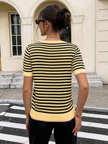 Serisse Blusa de punto de manga corta con estampado de bloques de color y rayas para uso casual y de oficina - Amarillo - Ver 2