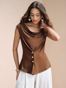 Arave 女士弹力针织修身上衣，褶皱领口，收腰设计，金属扣，不对称下摆，适合日常通勤 - 棕色 - 查看 4