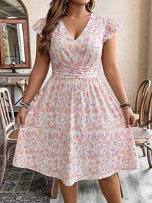 EMERY ROSE Plus Size Women's Floral V-Neck Cap Sleeve Ruched Waist Dress - Multicolor - View 5