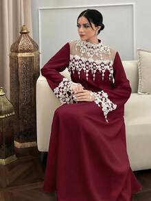 Al Najma 2026 Spring/Summer Tassel Trim Elegant Arabic Style Dress - Burgundy - View 3