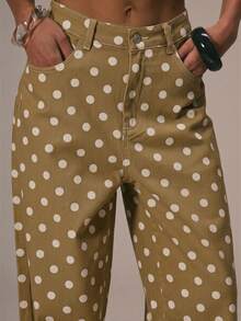 MUSERA Polka Dot Cute Denim Polka Dot Spring Summer Dainty Denim Straight Leg Mid Rise Jeans Ibiza Holiday Beach Chic - Apricot - View 5
