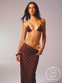 Aralina 3 Piece Shine Binding Bikini Summer Spring Swim Vacation Beach Triangle Spot Mesh Maxi Sexy Three Piece Set Chocolate - Brown - View 1