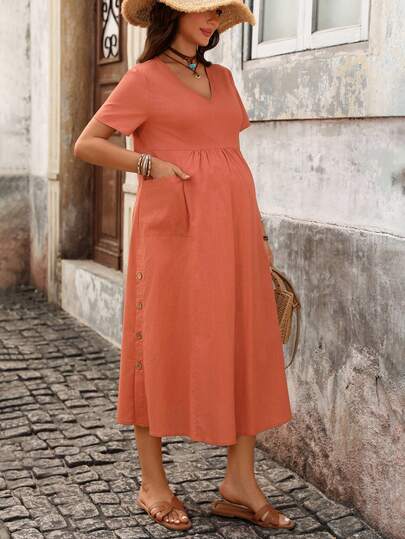 Boho Mama Đầm bầu mùa hè kiểu dáng thường ngày, màu trơn, có cúc trang trí.