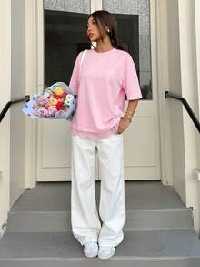 Muchica Light Pink Women's New Lace Trim T-Shirt, Spring/Summer,Summer Top - Baby Pink - View 3