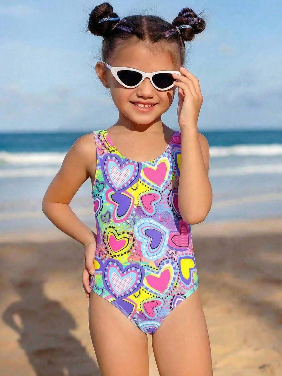 Bộ đồ bơi liền thân in hình trái tim dành cho bé gái, thích hợp cho bơi lội, kỳ nghỉ hè, đi biển và hồ bơi. - Nhiều màu - Xem 1