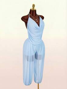 2026 New Deep V-Neck Casual Vacation Lantern Pants Jumpsuit For Women - Blue - View 11
