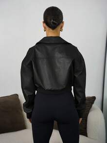 SAYEHFBABY 女士秋季街头服饰外出约会夜办公室装复古红色皮革短夹克外套 - 黑色 - 查看 2