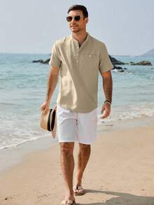 VENTUSAIL Camisa casual de manga corta unicolor para hombres, vacaciones de verano - Caqui - Ver 4